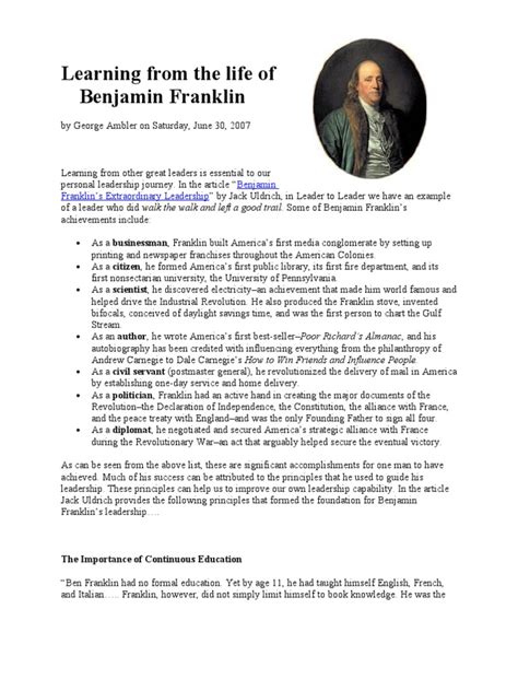 Lessons From Ben Franklins Life Pdf Benjamin Franklin