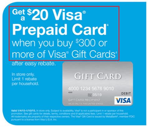 Check spelling or type a new query. Staples Easy Rebate: $20 Visa Gift Card on $300 Visa Gift Card Purchase (Jan 4-10)