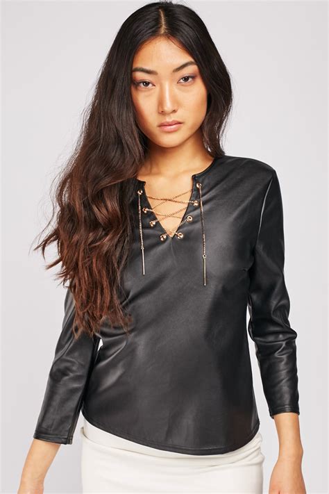 faux leather lace up blouse just 7