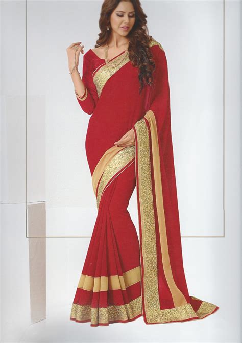 Red Sari With Gold Border