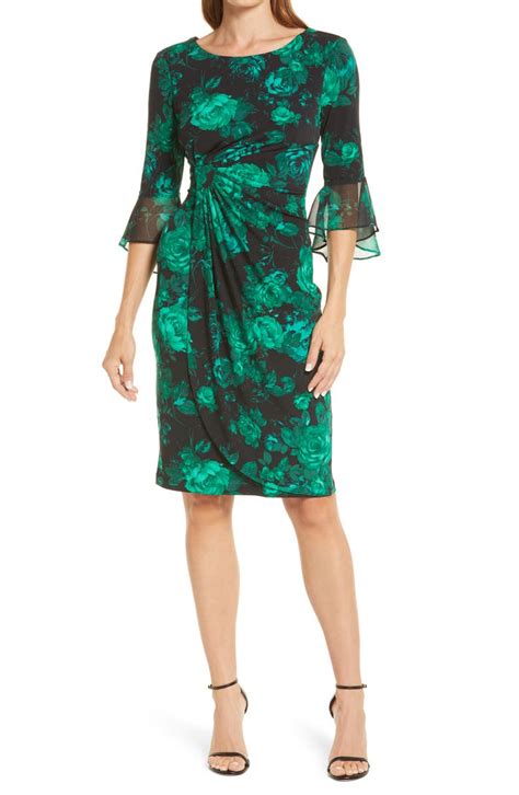 Connected Apparel Floral Chiffon Bell Sleeve Dress Nordstrom