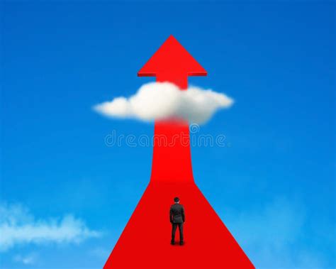 Businessman Standing On Growing Red Arrow With Cloud And Sky Stock