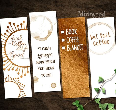 Printable Coffee Bookmarks Set Of 4 Coffee Bookmarks Coffee Etsy
