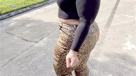 Miss Strongbutt Walking In Tight Leopard Lace Pvc Vinyl Jeans And