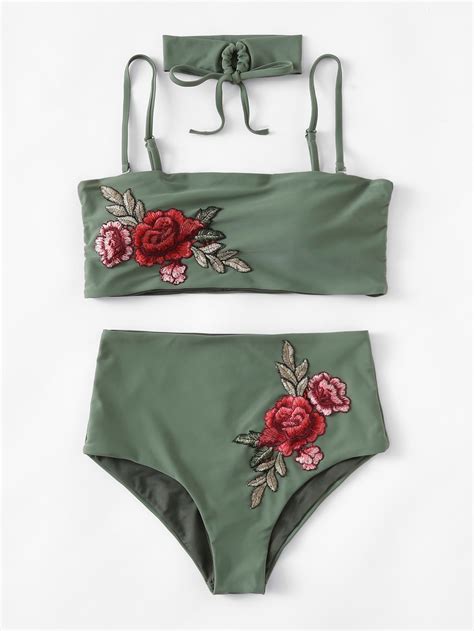 Embroidered Rose High Waist Bikini Set With Choker Shein Sheinside