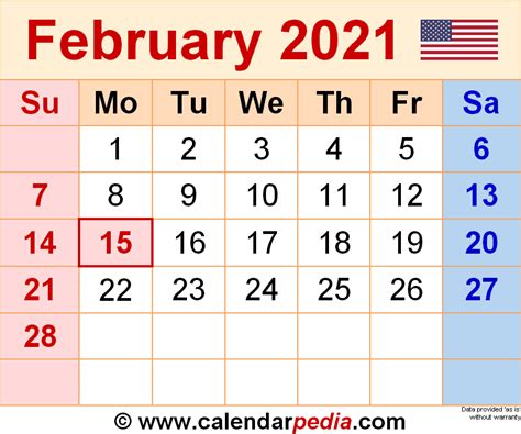 Horizontal and vertical format (landscape and portrait document orientation) February 2021 Calendar | Templates for Word, Excel and PDF