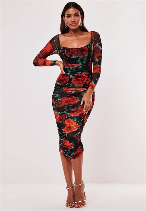 Missguided Black Floral Mesh Ruched Long Sleeve Midi Dress In