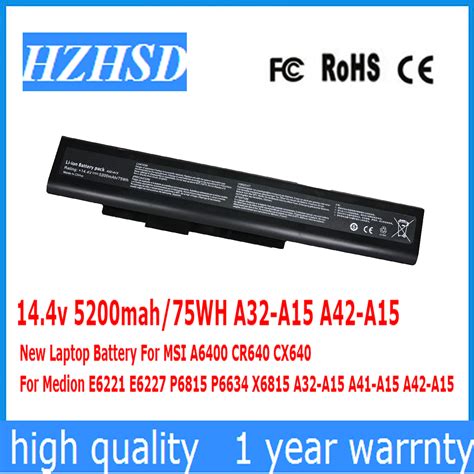 144v 5200mah75wh A32 A15 A42 A15 New Laptop Battery For Msi A6400