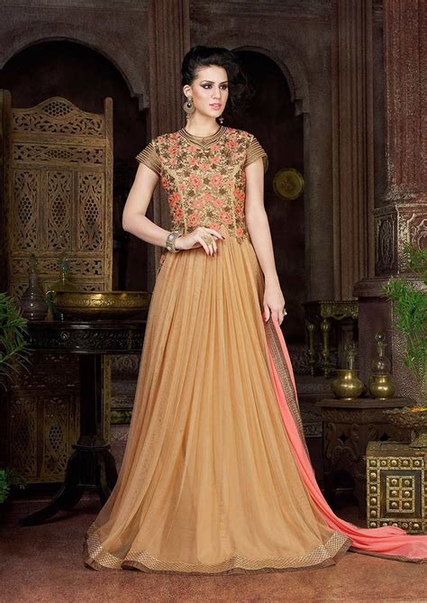 Depending on the fabric, they can be worn for everyday or for any special occasion. Beige floral embroidered maxi style anarkali suit in net http://www.reshamfabrics.com/beige ...