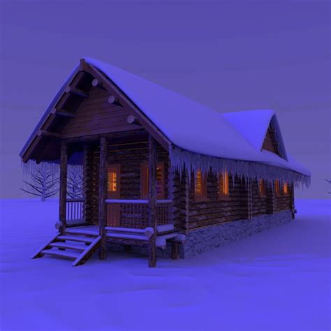 Wooden Cabin Snow Night 3d Model