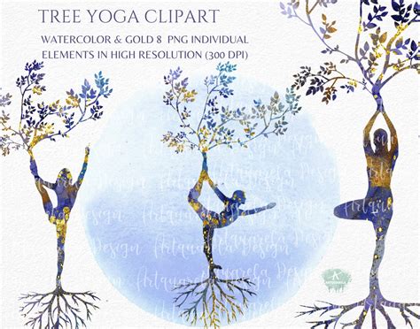 Tree Pose Yoga Silhouettes Clipart 8 Blue Watercolor And Gold Etsy