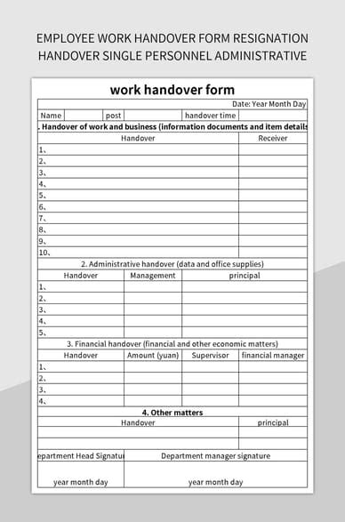 Employee Work Handover Form Resignation Handover Single Personnel Hot