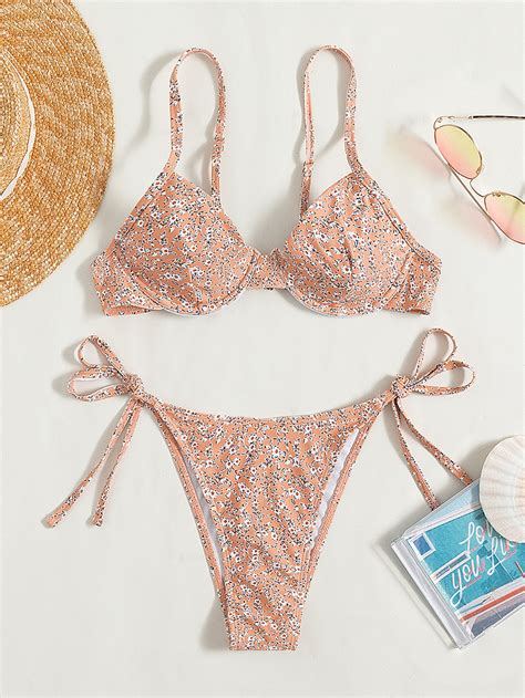 Ditsy Floral Print Underwire Tie Side Bikini Swimsuit Shein Usa