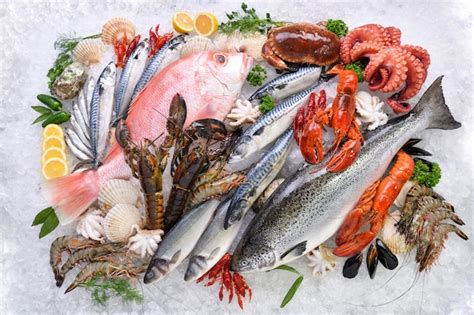 Premium Photo Top View Of Variety Of Fresh Fish And Seafood On Ice