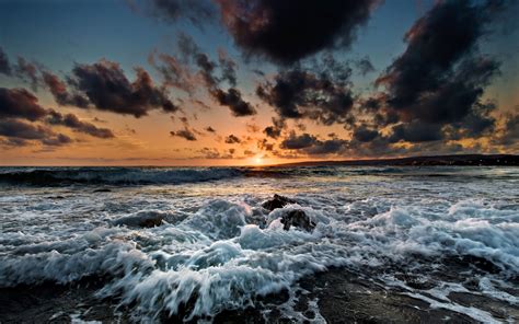 Wallpaper Sunset Sea Rock Shore Sky Beach Sunrise Evening