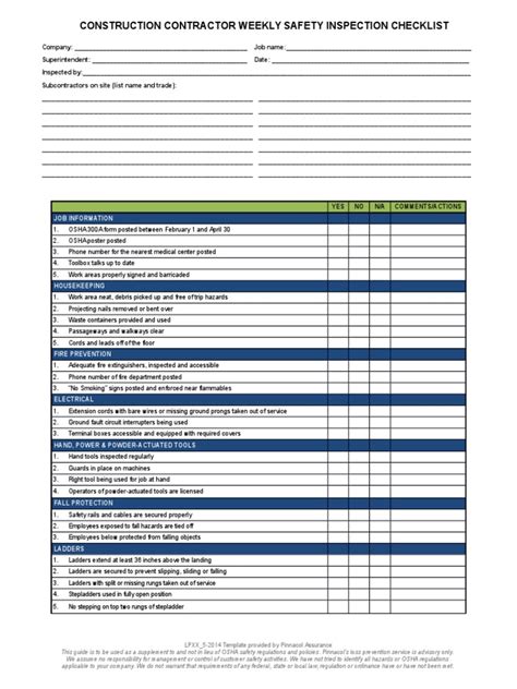 Vehicle safety annual inspection checklist. Construction Contractor Weekly Safety Inspection Checklist ...