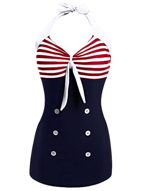Ekouaer Womens Retro Sailor Pin Up One Piece Bikini Swimsuit Vintage High Waist Monokinis
