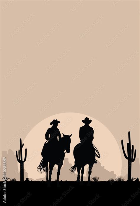 Silhouette Of Cowboy Couple Riding Horses At Sunset Vector Vector De