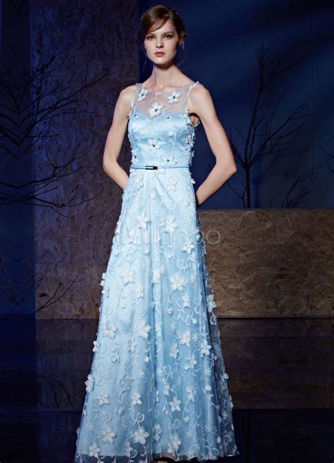 Blue Evening Dress Lace 3d Flower Applique Tulle Floor Length Party