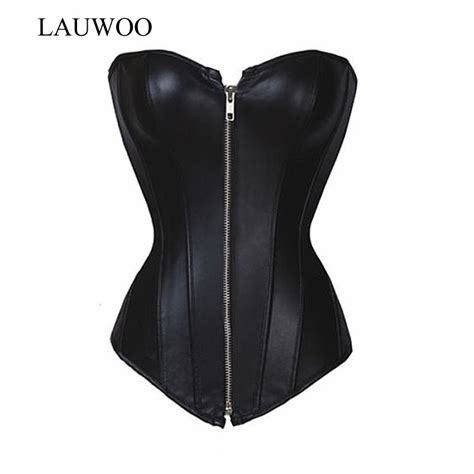 Lauwoo New Women Strapless Steampunk Corselet Black Lace Up Back Corset Faux Leather Overbust