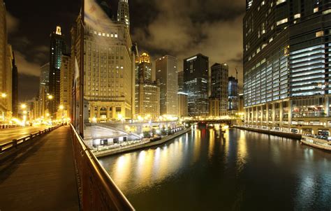 Wallpaper Night The City Lights River Skyscrapers Chicago
