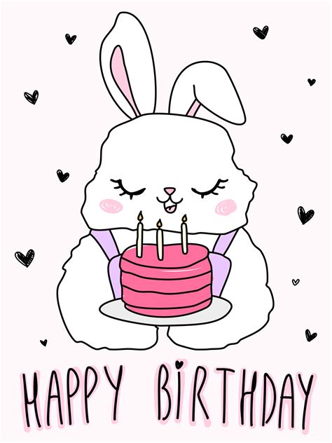 Cute Cartoon Pet Rabbit Happy Birthday Bunny Text Animal Doodle
