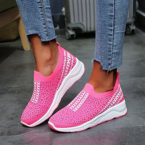 Womens Casual Shoes Comfortable Non Slip Rhinestone Flats Slip On Fly Woven Breathable Platform