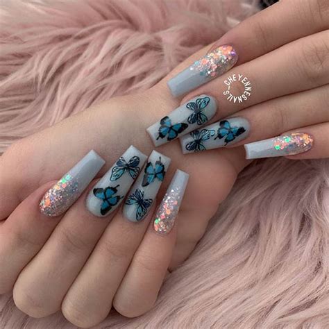 Box False Nails With Blue Butterfly Designs Long Coffin Ballerina Fake Nails Artificial Nail Art