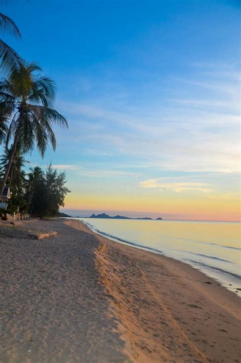 Tropical Beach Sunrise Seascape With Palm Trees Thailand Stock Photo