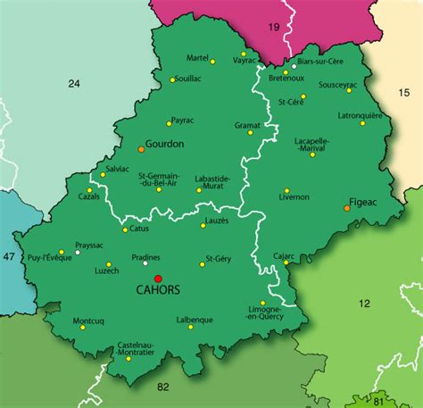 Fonds de carte, limites communes, cantons, codes postaux, communautés de communes, bassins de vie, routes. Carte du Lot - Arts et Voyages
