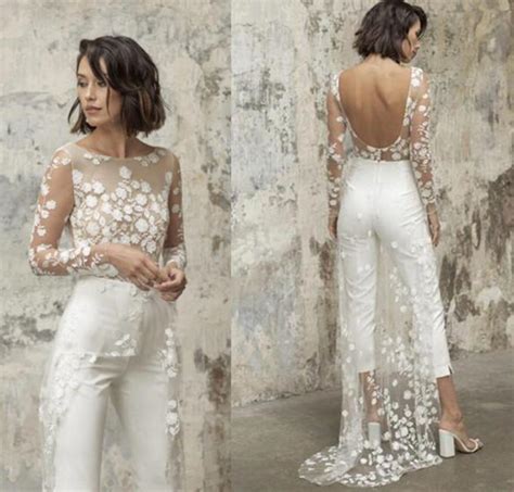 Sexy Open Back Jumpsuit Wedding Dresses With Lace Overskirts Long Sleeves Bride Wedding Gowns