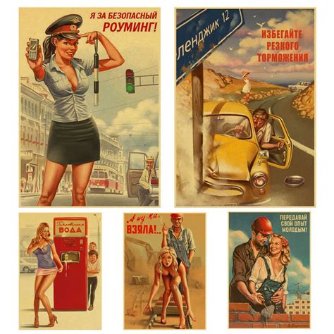 Vintage Soviet Russian Pin Up Girls With Car Repairman Retro Poster Canvas Painting Diy Wall
