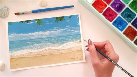 How To Paint Seascape With Gouache Easy Beach Painting Using Miya
