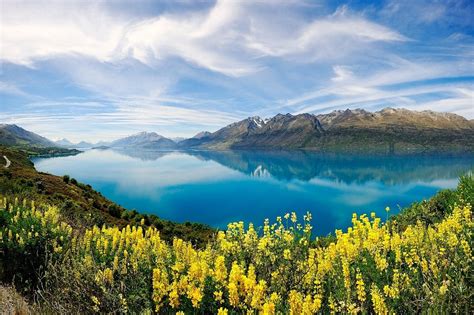Nature Landscape Lake Yellow Wildflowers Turquoise Water Reflection Mountain Clouds