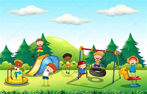 Let's draw and paint a children´s playground with crayons. Many kids playing in the playground — Stock Vector ...