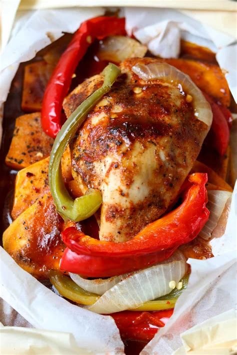 Rinse the scallions and distribute over the chicken. Barbecue Chicken in Parchment with Sweet Potatoes ...