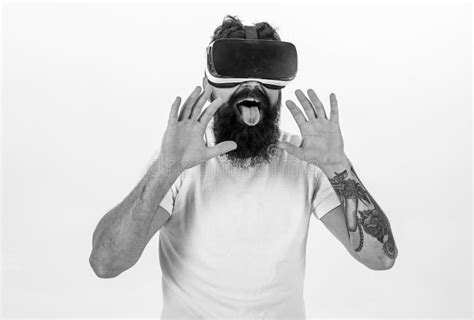 Man With Beard In Vr Glasses White Background Virtual Sex Concept Guy With Head Mounted