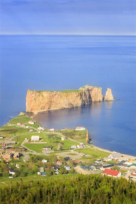 High Angle View Of The Perce Rock At Gaspe Peninsula Quebec Canada
