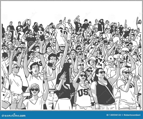 Illustration of Sport Stadium Crowd Cheering in Black and White Stock
