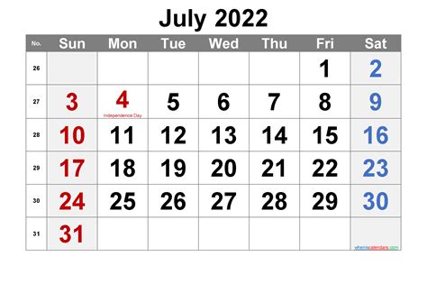 Printable July 2022 Calendar Word Template Noar22m19