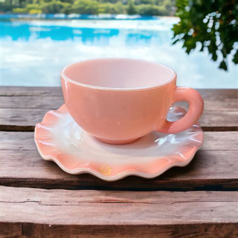 Vintage Hazel Atlas Crinoline Pink Milk Glass Cup And Saucer