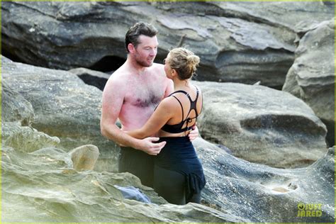 Shirtless Sam Worthington And Lara Bingle Beach Kissing Couple Photo