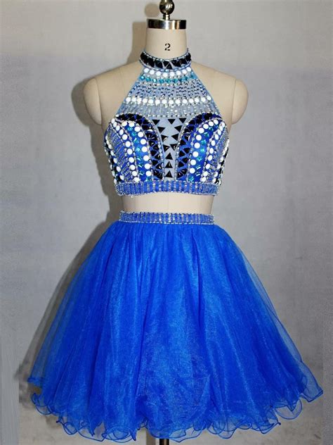 Blue Two Pieces High Neck Beaded Homecoming Dresses Short Cocktail