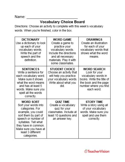 Vocabulary Choice Board Teachervision