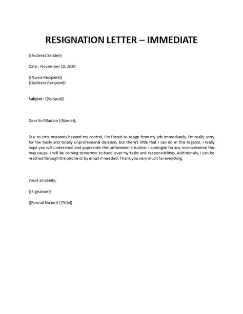 Sample resignation letter immediate effect acceptance. Immediate resignation letter for personal reasons