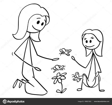 Dibujos Animados De Madre E Hija Observando Flores Y Mariposas — Vector