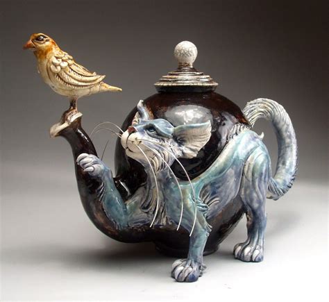 Cat Bird Teapot Pottery Folk Art Sculpture By Face Jug Maker Mitchell