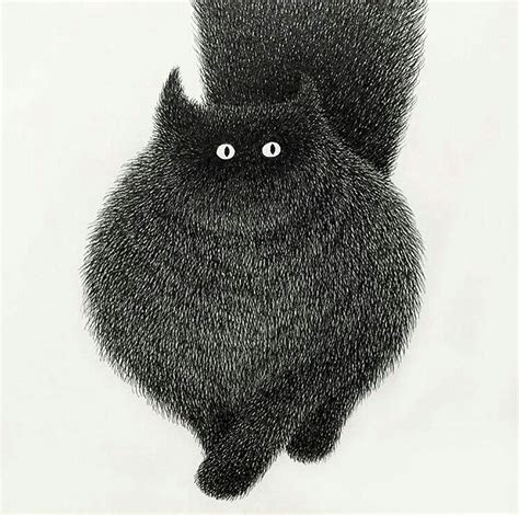 Fluffy Black Cat Illustration Painting Cats