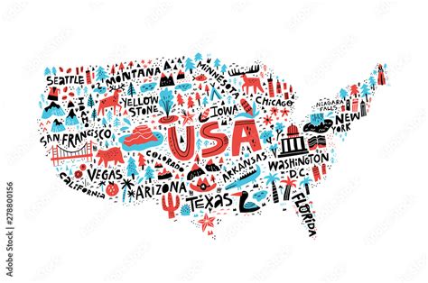 Usa Map Flat Hand Drawn Vector Illustration American States Names