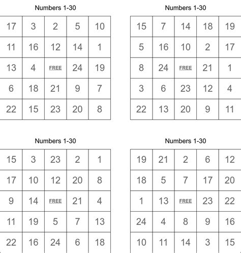 Numbers 1 30 Bingo Cards Wordmint